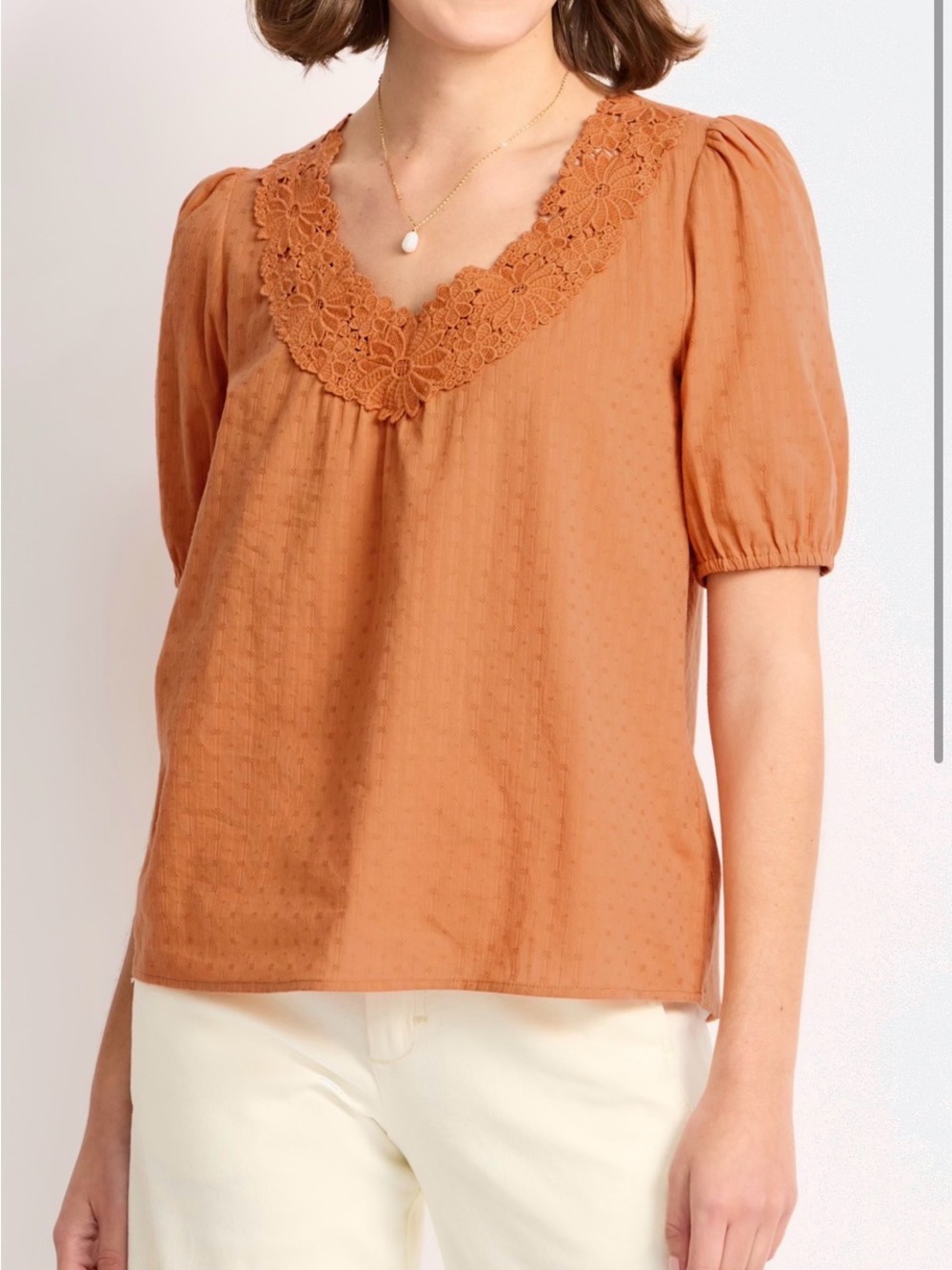 NWOT Women's Crochet V-Neck Puff Sleeve Top - Rust